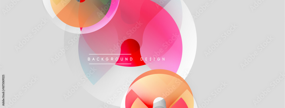 Poster abstract shapes overlap, creating dynamic visual effect. soft pinks, grays dominate light background