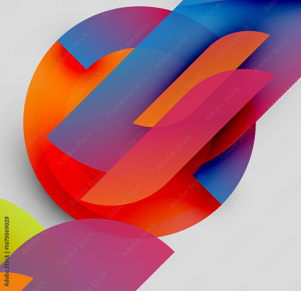 Poster abstract composition. overlapping colorful shapes create dynamic visual effect. gradient hues blend,
