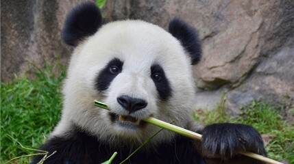 Fototapeta premium A playful panda munches on bamboo, showcasing its adorable features against a natural backdrop.