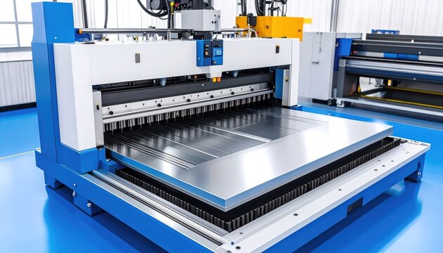 Industrial Metal Shearing Machine with Factory Production, and Close Up.