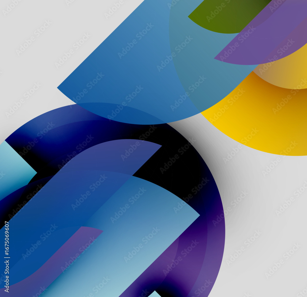 Poster abstract composition. overlapping colorful shapes create dynamic visual effect. blues, purples, yell