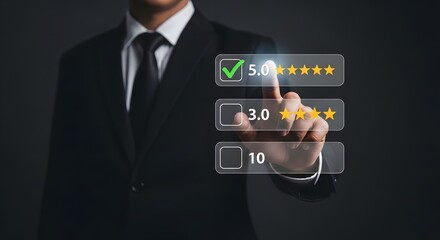 Man in suit selecting five star rating on digital interface with check mark and star icons displayed