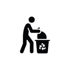 People and rubbish bin icon. Simple solid style. Person holding a sack of trash, cleanup, garbage, ecology, environment concept. Silhouette, glyph symbol. Vector isolated design