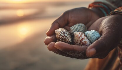 Hands holding seashells at sunset