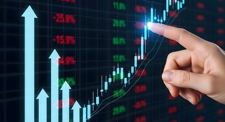 Hand pointing to a blue financial stock chart with upward arrows on a dark background with grid lines