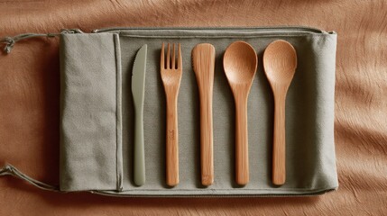Wooden and green utensils in a pouch