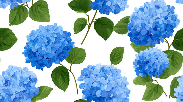 Seamless blue hydrangeas and leaves illustration with white background for fashion, textile, fabric, decoration and floral design