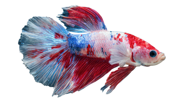 A vibrant betta fish with striking red, white, and blue colors, showcasing its flowing fins and distinct personality.