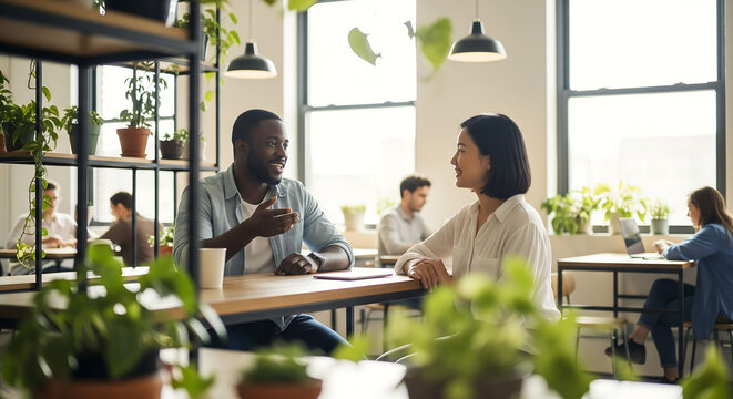 Diverse Business Professionals Collaborating in Green Office Space