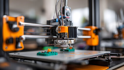 3D printer creating small green and orange plastic objects in workshop, showcasing modern manufacturing technology and precision engineering.