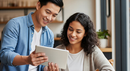 Smiling Diverse Couple Using Tablet Together at Home