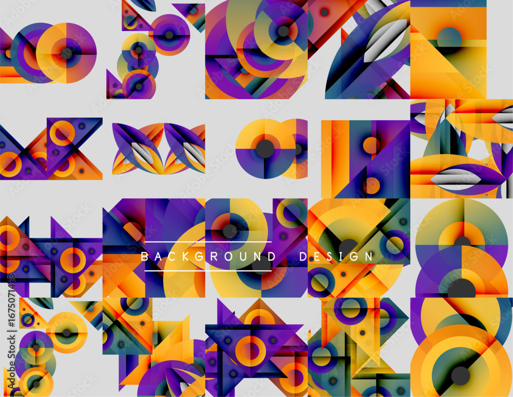 Poster abstract geometric patterns, vibrant colors, orange, purple dominate. modern design elements create 