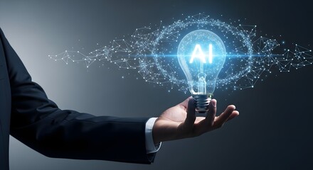 A hand holding a lightbulb with ai inside and a network of connections surrounding the lightbulb
