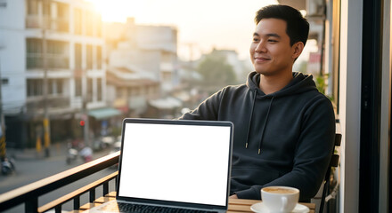 Young Asian man working remotely on laptop with blank screen on balcony, enjoying coffee break with city view