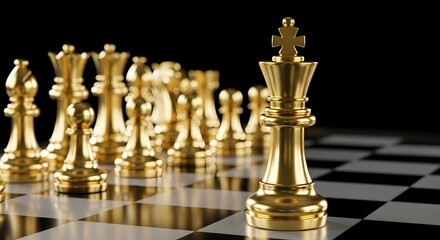 A golden chess king standing out in front of other golden chess pieces on a checkered board game surface