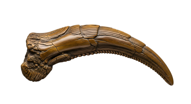 Fossilized dinosaur claw isolated on transparent background, a prehistoric relic of an ancient reptile, showcasing the sharp and formidable predators tool