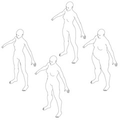 A woman's body in four different poses, standing with arms and legs outstretched, head tilted. Isometric view. Vector illustration