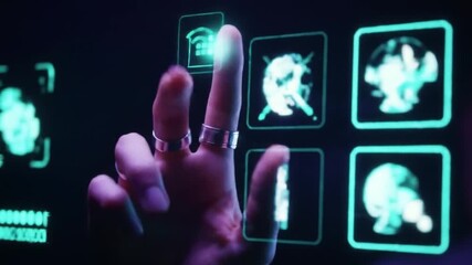 Futuristic digital touch interface being activated by a human hand, showcasing advanced technology and virtual interaction on a glowing screen in a high-tech environment - Powered by Adobe