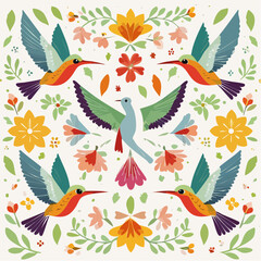 Colorful Hummingbirds Floral Pattern Design