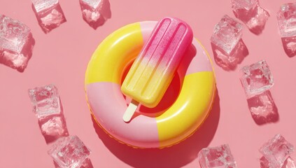 Obraz premium Popsicle and inflatable ring on pink background