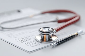 Medical stethoscope and prescription forms on a white surface