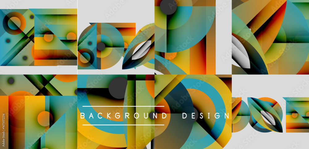 Poster abstract geometric patterns, vibrant colors, overlapping shapes. modern design elements create dynam