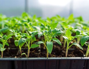 Close-up of numerous fresh tomato seedlings growing in a seedling tray