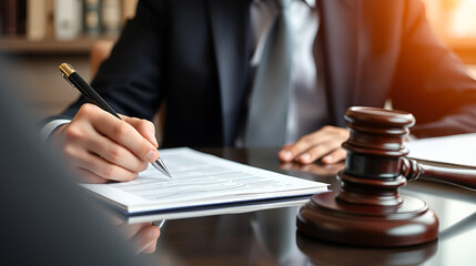 Male lawyer writing down clients testimony to make legal case, close-up