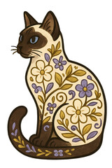 A whimsical cat illustration featuring intricate floral patterns and decorative designs, showcasing a blend of artistic elements and colorful flowers.