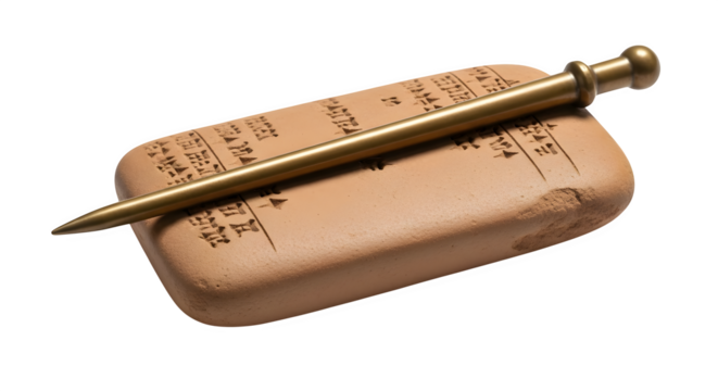 Ancient cuneiform tablet with stylus isolated on transparent background a glimpse into mesopotamian history and the dawn of written communication - Powered by Adobe