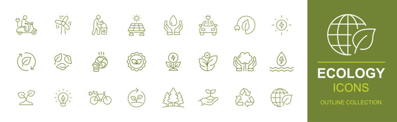 Ecology icon set. Simple outline style. Environment, sustainability, nature, recycle, renewable energy, electric bike, eco friendly, forest, wind power, green concept. Line symbol