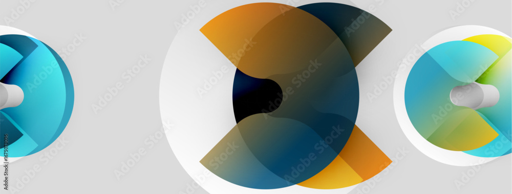 Poster abstract graphic design features layered circular shapes. colors blend from blue, orange, yellow cre