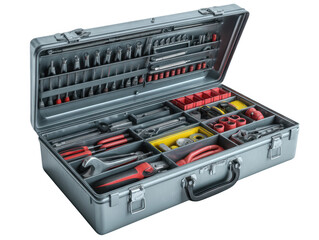 Open gray metal toolbox filled with various hand tools arranged in compartments