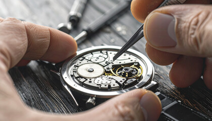 Watchmaker Repairing Intricate Mechanical Watch Movement with Tweezers, Watch Repair Specialist Carefully Assembling a Vintage Timepiece