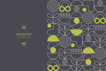 Geometric floral with white and green line art on a gray background, featuring abstract shapes, hearts, and circles with copy space, perfect for minimalist design themes