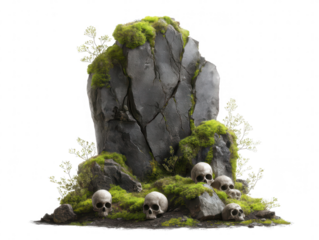 Rock Formation Covered With Moss Surrounded By Human Skulls And Small Plants Set Against A Transparent Background