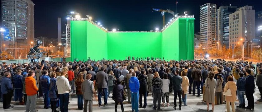 Green Screen Crowd Gathering at Night: A vast, animated crowd assembles at night in front of a massive green screen within a modern cityscape, creating a dynamic scene of anticipation.
