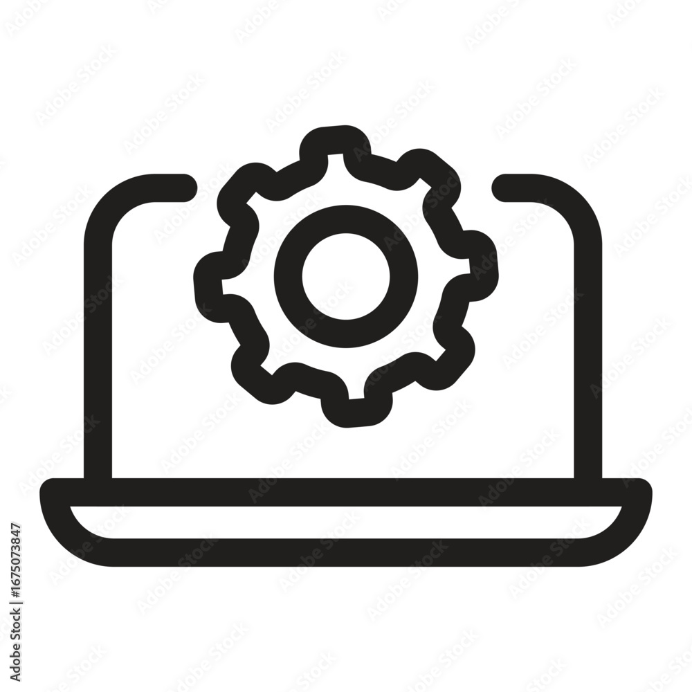 Aufkleber blackline drawing of a laptop computer with a gearcog symbol displayed on the screen. editable strok