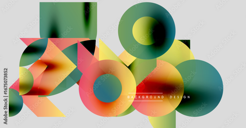 Poster abstract geometric shapes overlap, creating vibrant color gradients. modern design elements suggest 