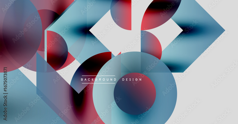 Poster abstract geometric shapes overlap. blue, red, white hues create dynamic visual effect. modern design