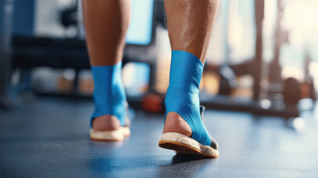 Athlete with injured ankle wrapped in medical tape during workout, sports injury treatment and recovery concept, fitness and healthcare theme.