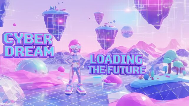 A vibrant retro-futuristic 3D world with a stylish character, floating islands, and the text 'Cyber Dream Loading The Future'