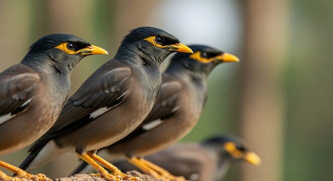 Close-up of Four Common Mynas in a Row, Focused on the First Bird