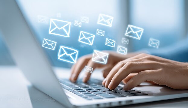 Hands typing on a laptop, email icons floating above
