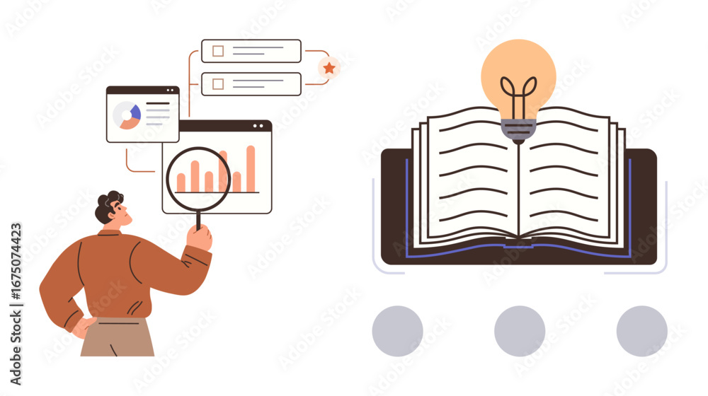 Poster man examining charts with magnifying glass, open book with lightbulb symbolizing ideas and insights.