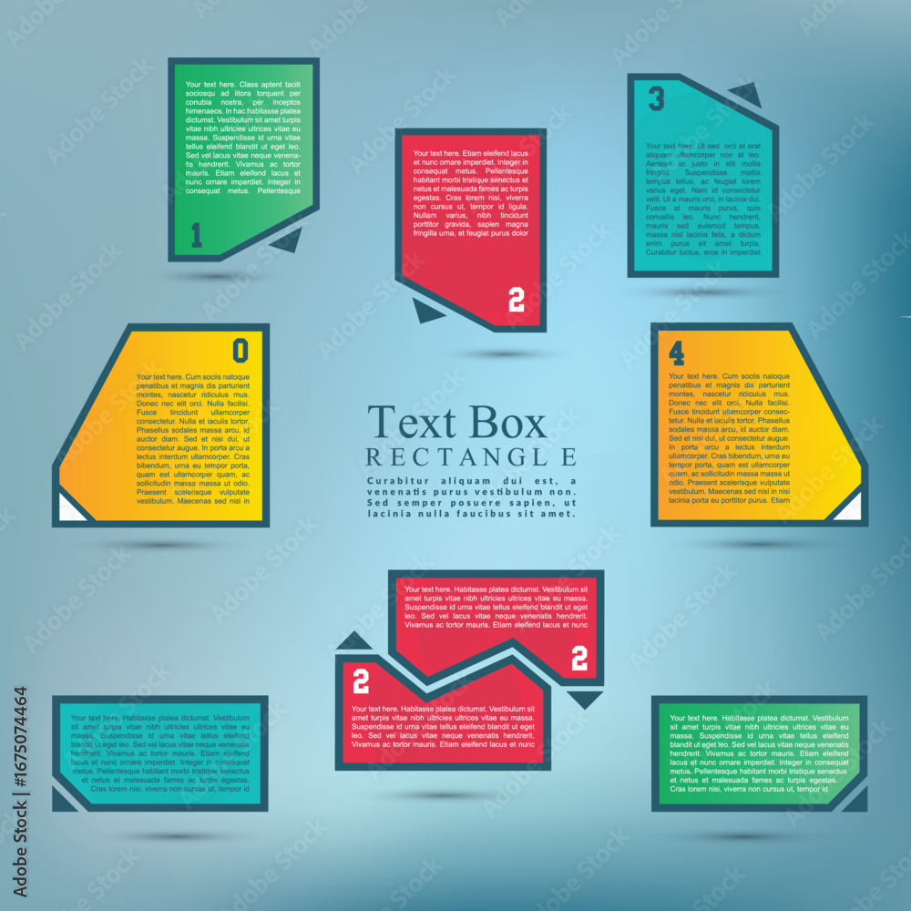 Poster set of colorful geometric text boxes and speech bubbles with sample text on a gradient background