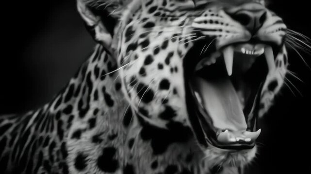 An intense black and white slow-motion shot of a majestic jaguar's ferocious roar, showcasing its powerful fangs and wild nature
