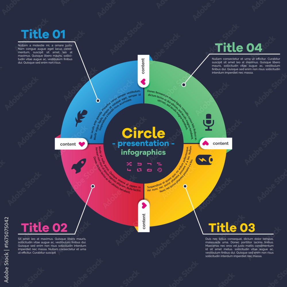 Poster colorful circular infographic with four segments representing data and information with icons and te