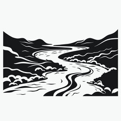 Obraz premium Winding river between hills in a simplistic monochrome landscape vector silhouette
