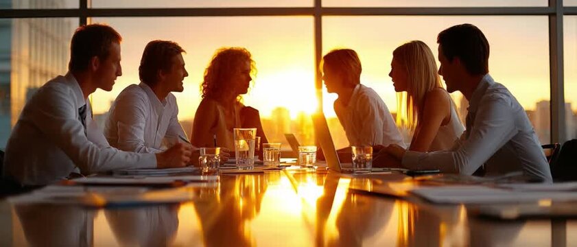 Sunrise Strategy: Silhouette of business team engaged in a productive meeting during a warm sunrise
